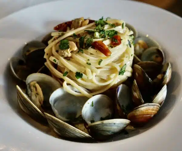 a plate of linguine with clams and peperoncino Italian Seafood Restaurant